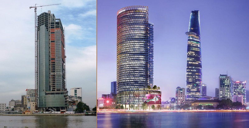 Bên trái là Saigon One Tower còn dang dở và bên phải là phối cảnh mới với tên gọi IFC One Saigon do Vivaland chia sẻ